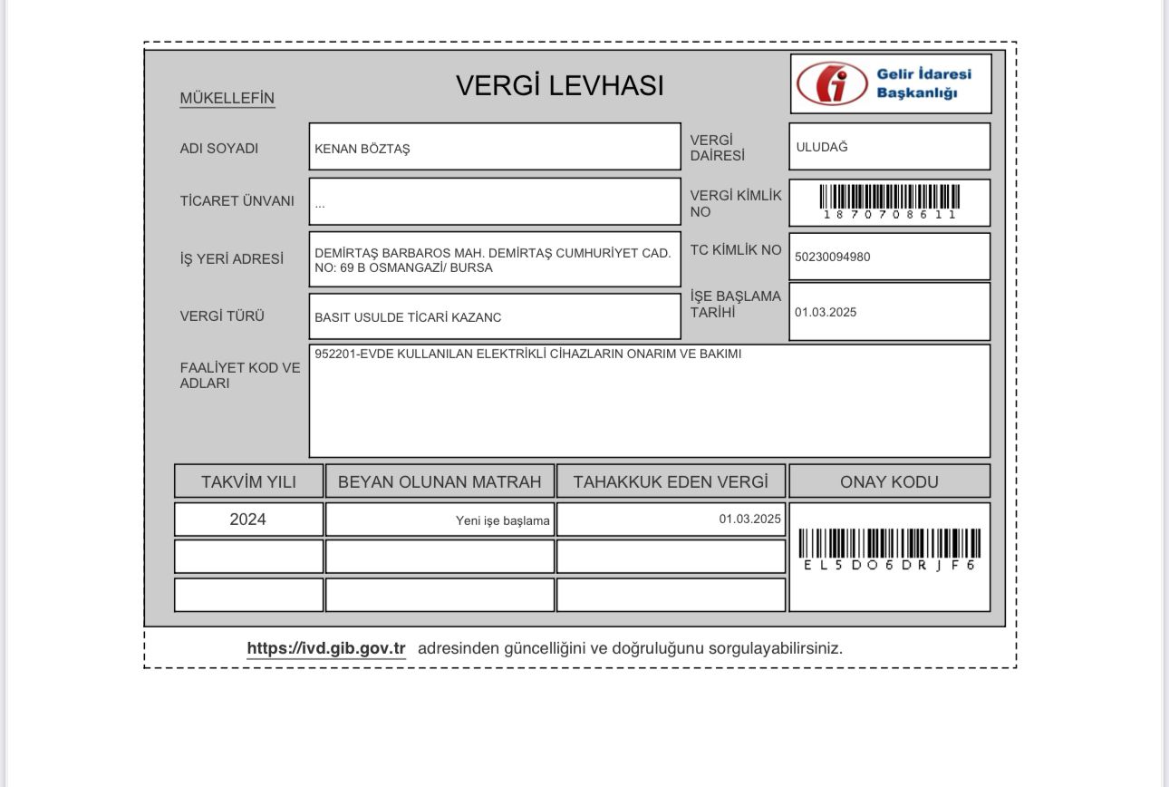 Ayaz Teknik Servis Vergi Levhası